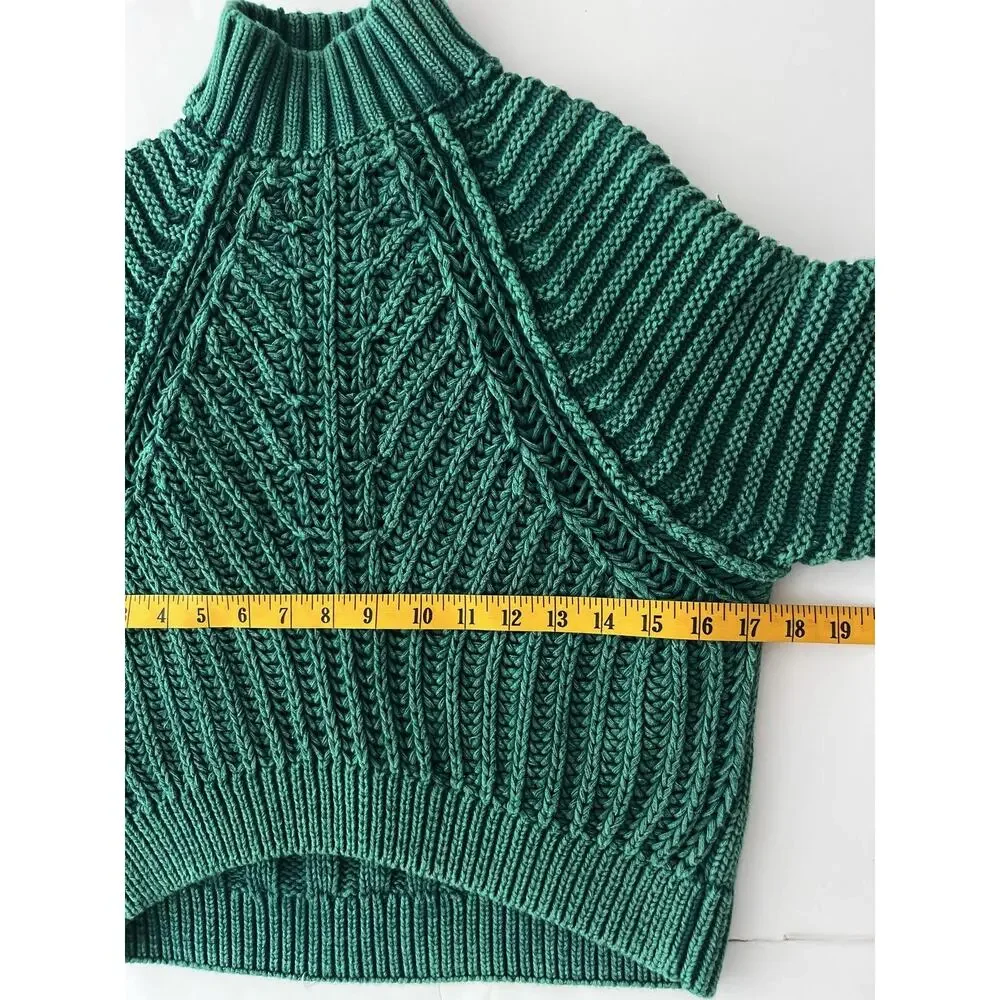 Free People Sweater Womens XS Green Cable Knit Mock Neck Cropped Cotton Raglan
